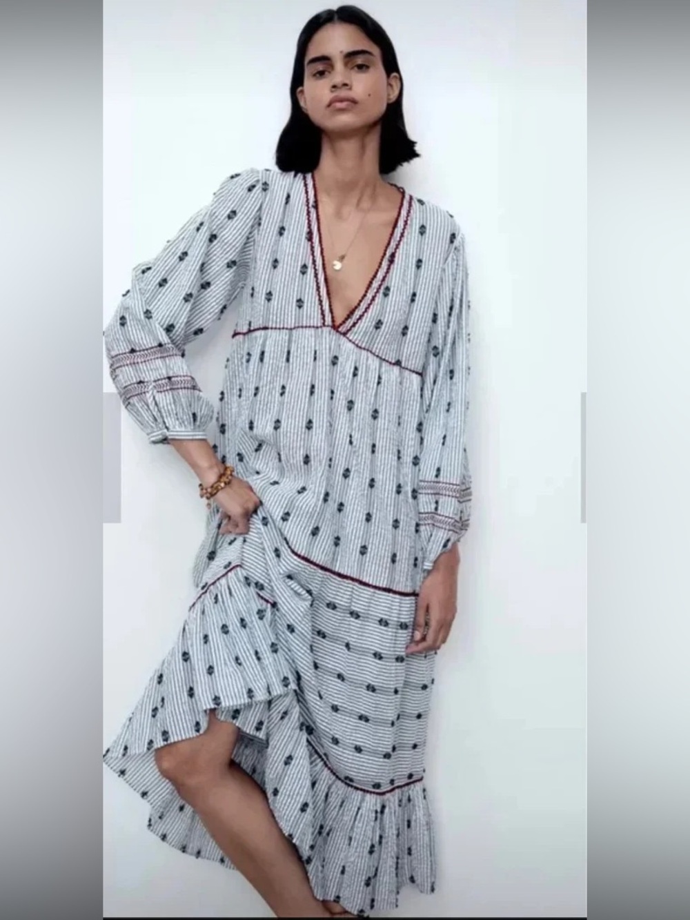 ZARA Striped Tiered Dress Embroidered Long Sleeve V Neck Maxi Midi XS